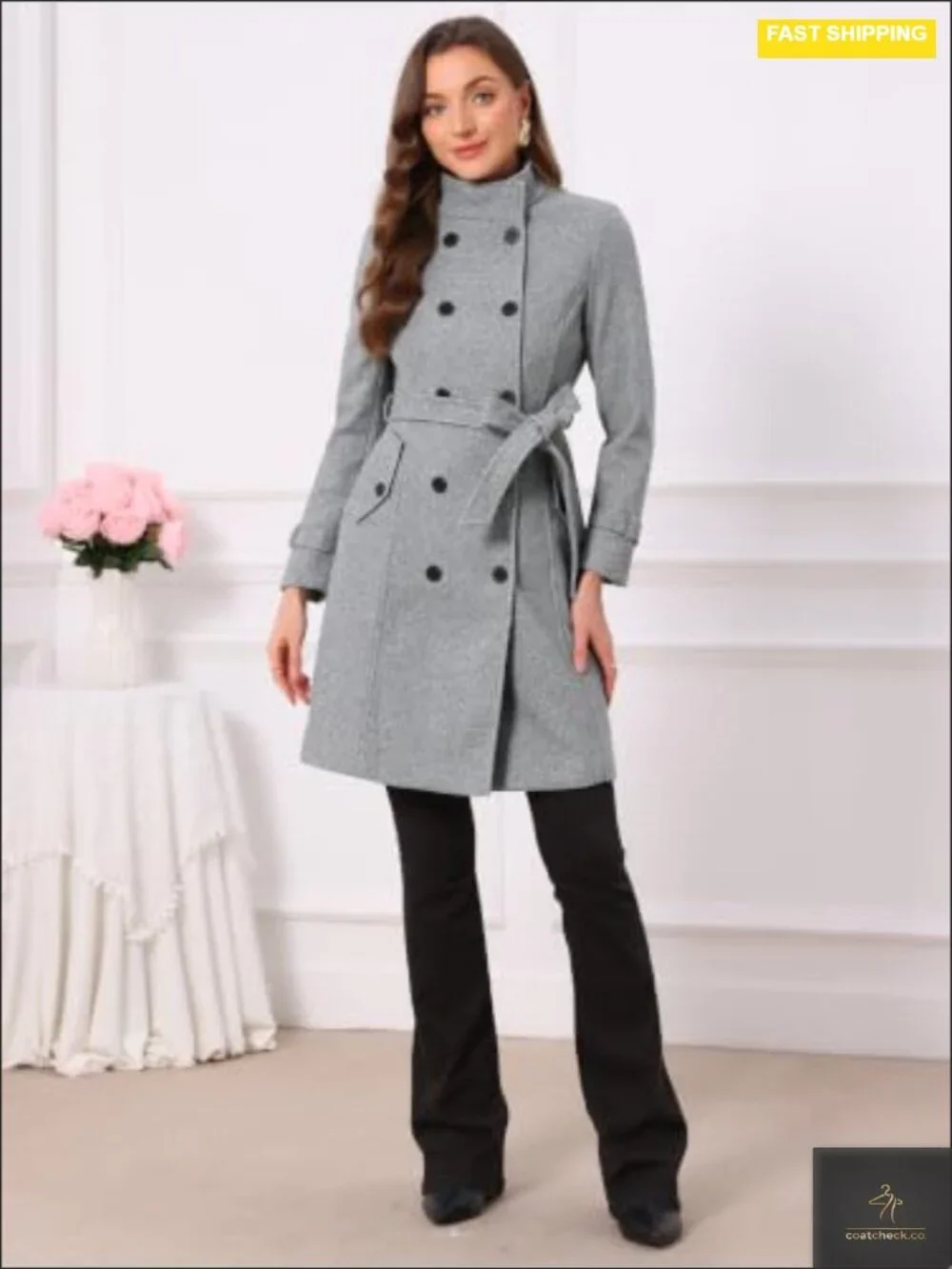Women's Double-Breasted Wool Pea Coat Winter Overcoat with Pockets